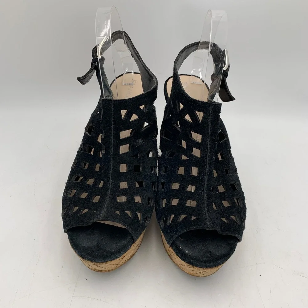 Franco Sarto Black Suede‎ Sandal Cage Wedge Platform Chunky Strappy Sassy Sz 10M